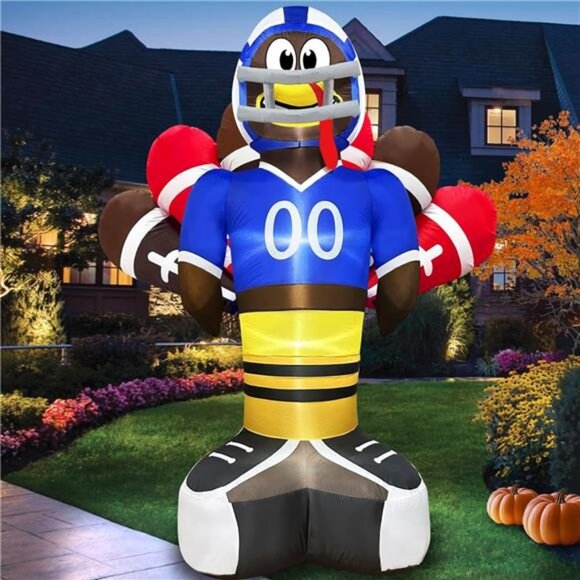 8 Ft Giant Football Turkey Inflatables Thanksgiving Decor with Built-in LED - Picture 1 of 8